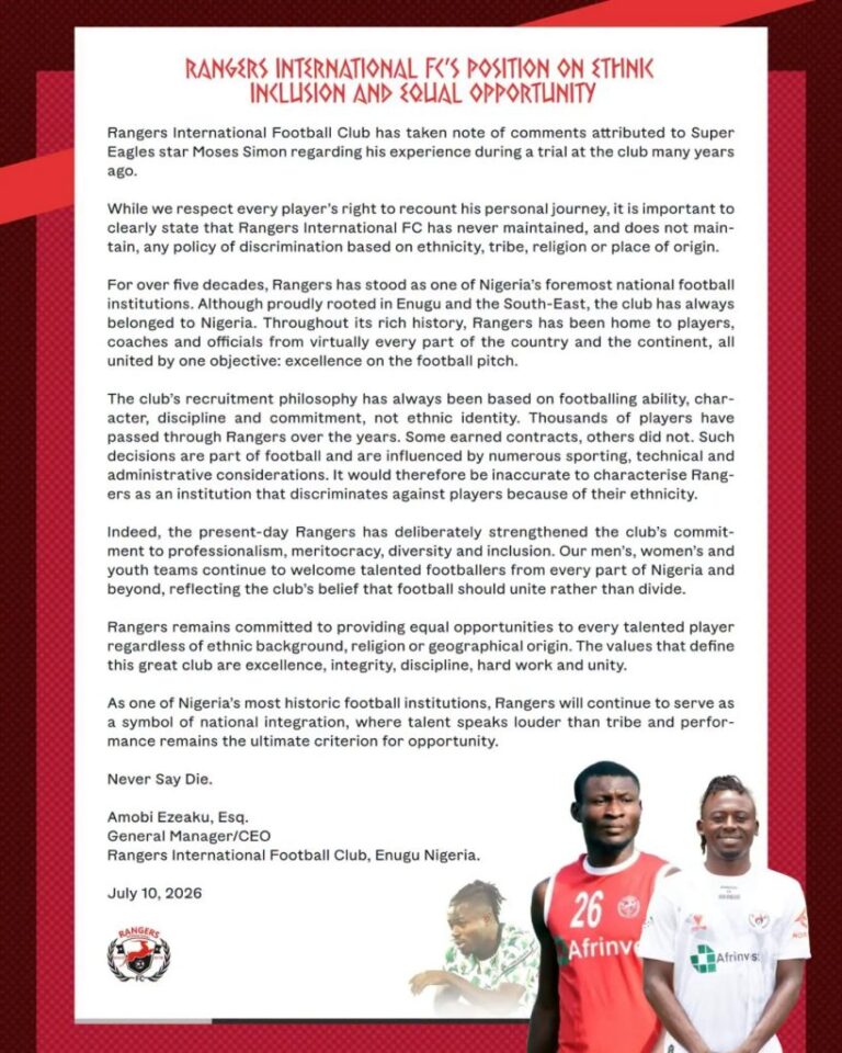 Enugu Rangers Responds to Moses Simon's Ethnic Discrimination Allegations